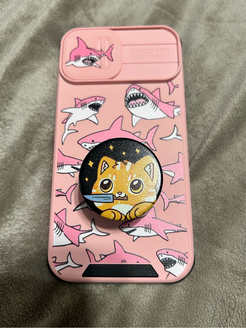 Pink Shark Pattern iPhone 14 Case with Cute Cat Pop Socket
